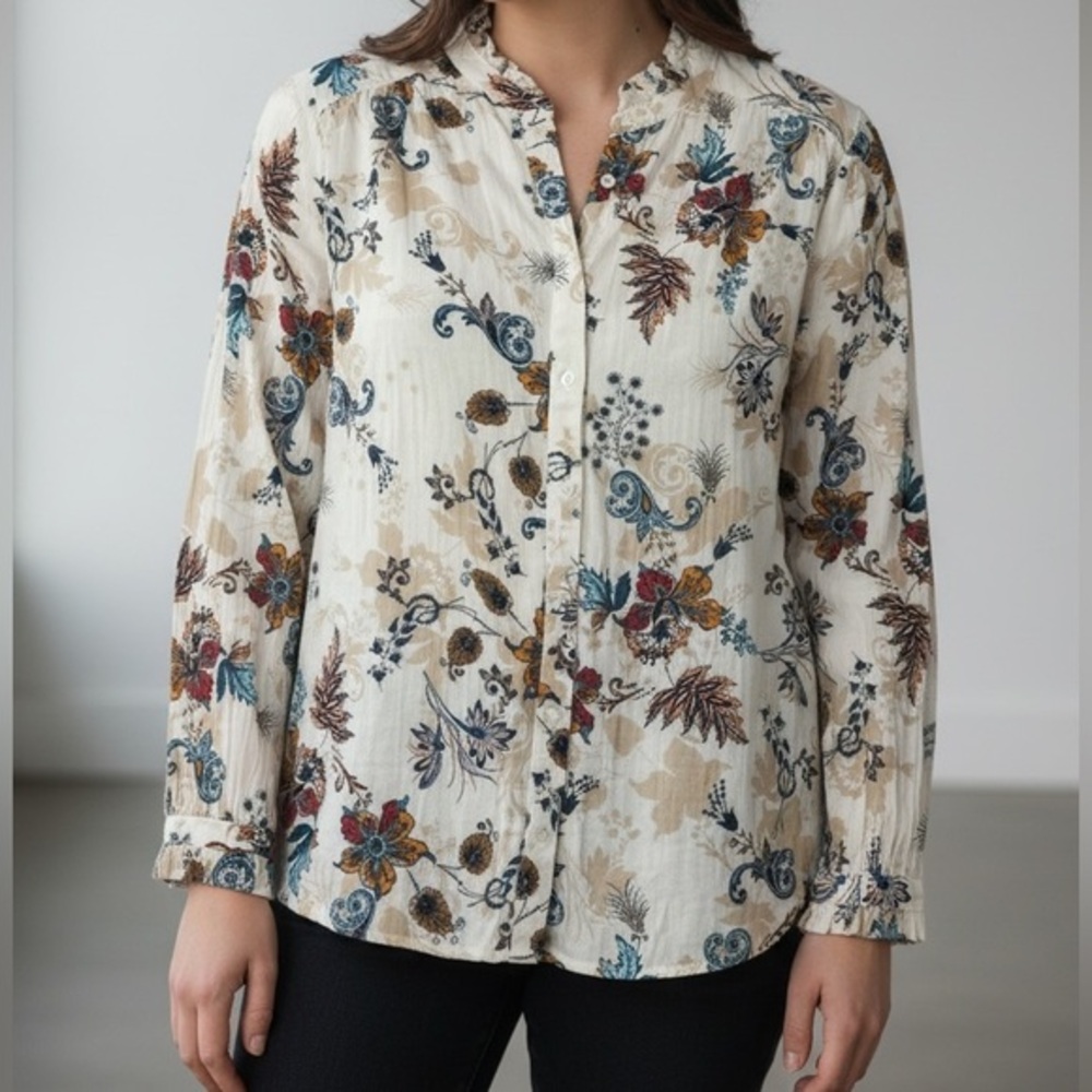 St Johns Bay Womens XL Floral Paisley Boho Blouse Ruffle Collar Cream Top